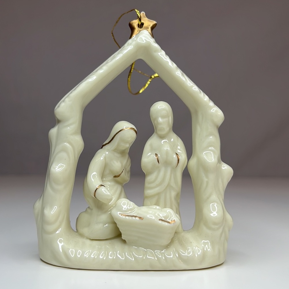 Ivory and Gold Nativity Scene Hanging Holiday Ornament by World Bazaars with Box